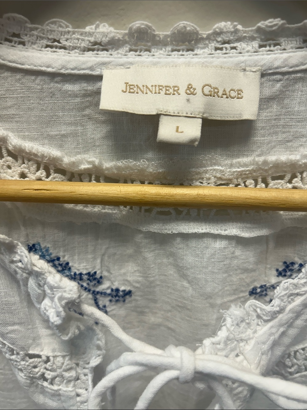 Jennifer & Grace Beautiful White Tie-Front Blouse with Blue Floral Embroidery - Picture 2 of 11